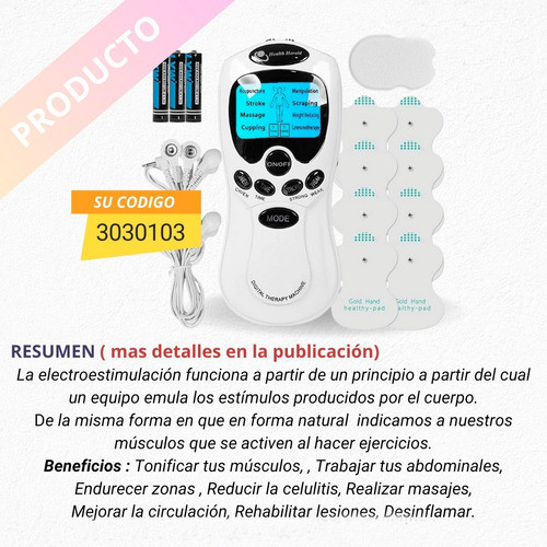 Electroestimulador Portátil 8 Electrodos Recargable Masajes 1