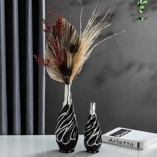 ~? Florero Yundu Negro Con Hierba Pampa Plateada - Ideal Par 1