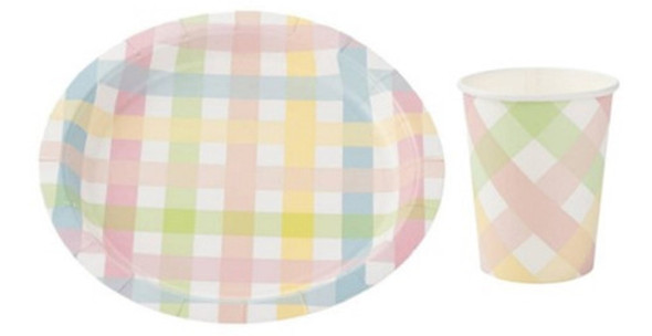 Kit 10 Pratos E 10 Copos De Papel Xadrez Colorido Candy 0