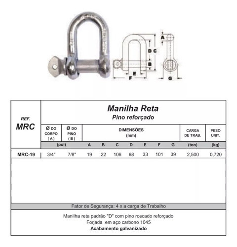 Anilha Manilha Reta 3/4 Para Cabo De Aço 2.500kg 1