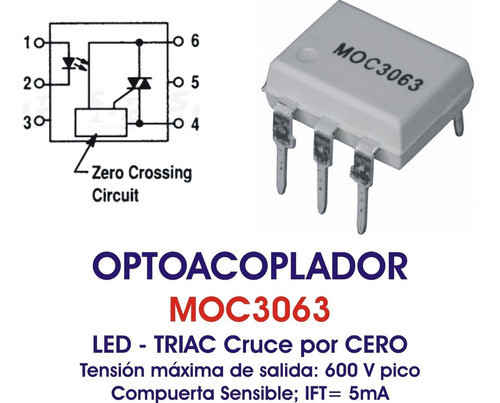 Moc3063 Optoacoplador Led Triac 1a 600v Ift 5ma Cruce Por Zero Reemplaza Moc3041 De 400v 1