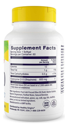 Suplemento Healthy Origins Coq10 600 Mg 60 Cápsulas Gelatino 1