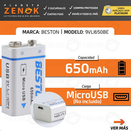 Bateria 9v Recargable 650mah Micro Usb Larga Duracion Beston 1