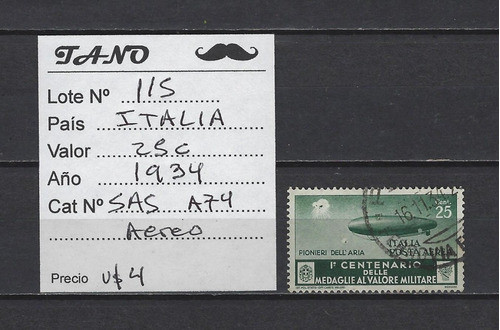 Lote115 Italia 25 Centesimi Año 1934 Sassone#a74 Aereo 0