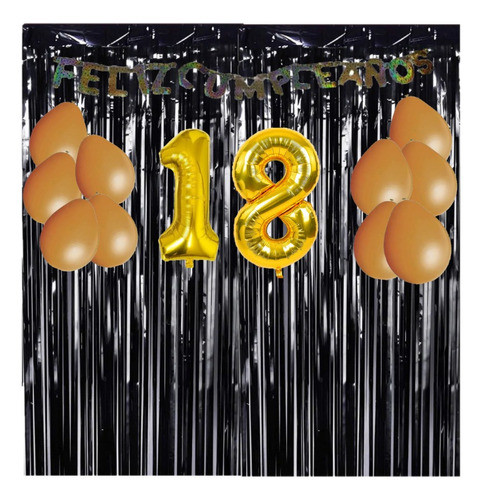 Kit Decoración Cumpleaños - 18 Años - Negro Y Dorado 0