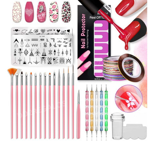 Combo Decoración Uñas Pinceles Cintas Dotting Stamping Placa 0