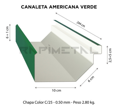 Zingueria Canaleta Americana Chapa 25 Verde 2.44 Mts. Envios 1