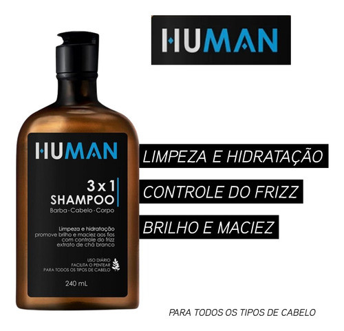 Kit 2 Shampoo Masculino 3×1 Barba Cabelo E Corpo Human 240ml 1