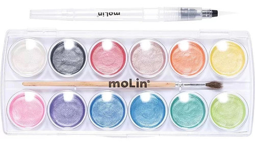 Aquarela 12 Cores Metálica + 2 Pinceis Molin Metalizadas Art 1
