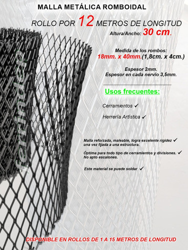 Malla Metál Romboidal Desplegado 18x40mm Rollo 30cm X 12mts 1
