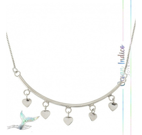 Collar Cadenita Barrita Y 5 Corazones De Plata 925 0
