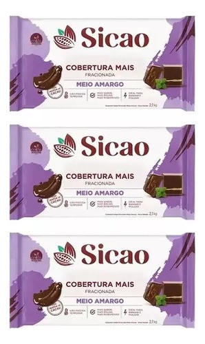 Kit C/3 Chocolate Sicao Meio Amargo Barra Fracionada 2.1kg 0