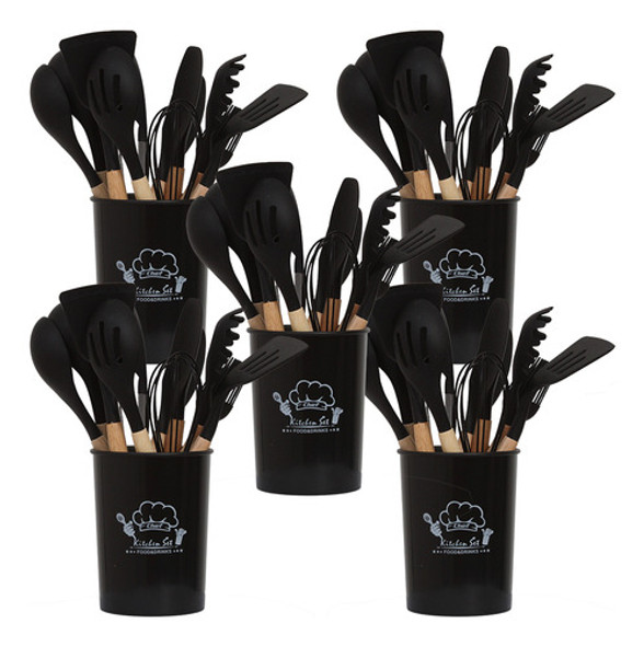 5 Jogo Cozinha Silicone Com Colher Concha Copo Suporte 0