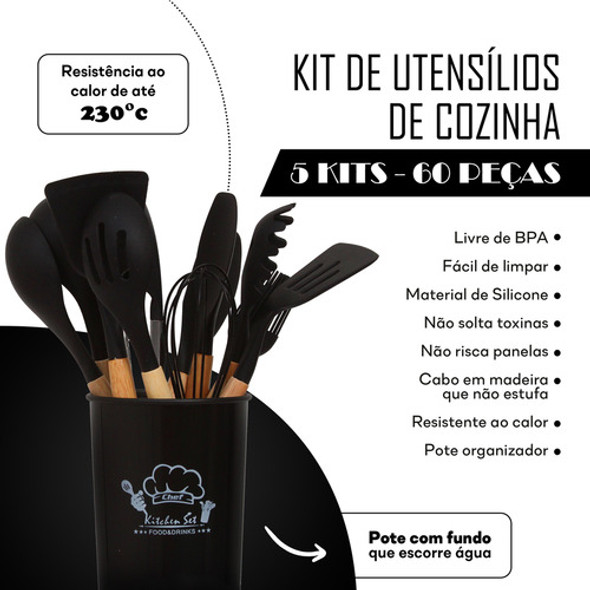 5 Jogo Cozinha Silicone Com Colher Concha Copo Suporte 1