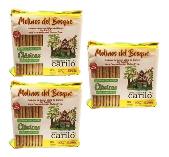 3x Galletas De Arroz Cariló Clasicas Con Sal 150g S/ Tacc Dw 0