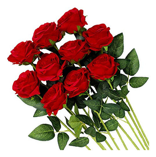 10 Flores Artificiales Rosas Florecientes Rojo 50.8cm 0