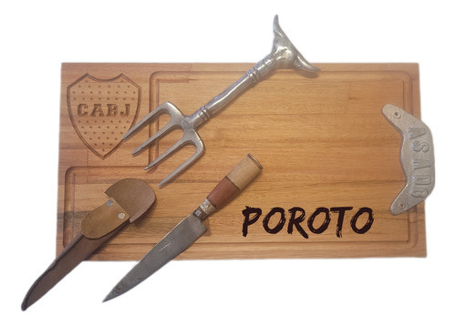Juego Asado Tabla Madera Parrillero Xeneiza Garra Toro Laser 0