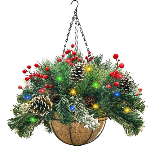Cesta Colgante Artificial De Navidad Preiluminada, Decorada 0