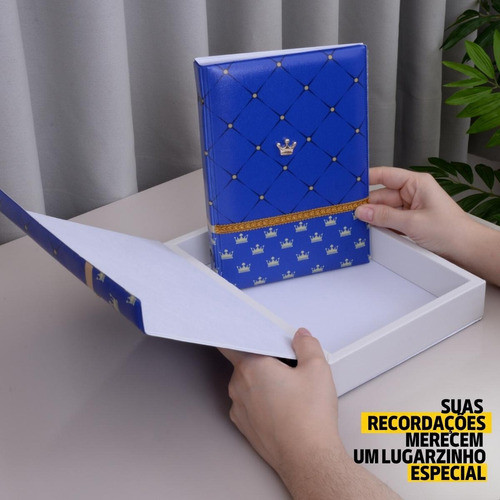 Estojo Álbum Fotos 15x21 Luxo Azul Marinho Príncipe Coroa 1