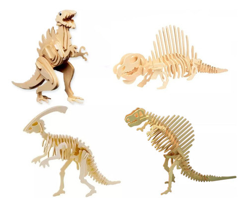 Dinosaurios P/ Armar Puzzle 3d Pack X4 Fosiles Madera 0