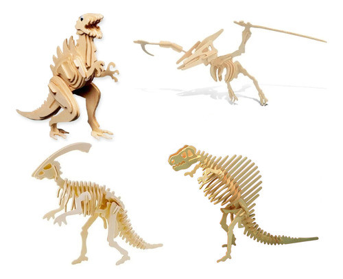 Dinosaurios P/ Armar Puzzle 3d Pack X4 Fosiles Madera 0