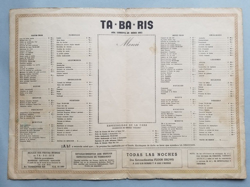 Cabaret Tabaris Antiguo Menú Restaurant. 55196 1