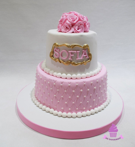 Torta Bautismo Comunion- Rosa Perlas Capitone Flores - 30per 0