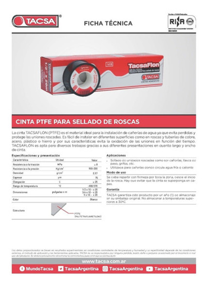 Cinta Teflon Tacsa 1 Pulgada X 10 Mts X12 1