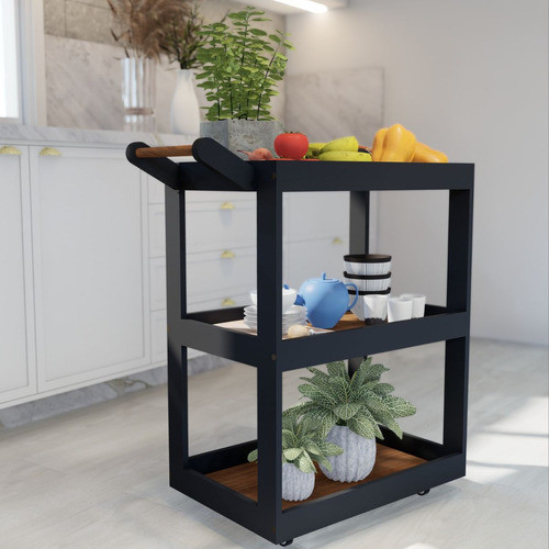 Carrinho Multiuso Madeira Com Rodinhas Preto Com Amêndoa 1