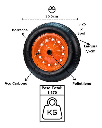 Roda Completa Carrinho De Mão Aço Carbono 8pol 45 50 E 60l 1