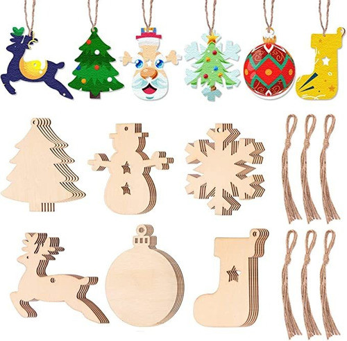 30 Pcs Unfinished Wooden Ornaments For Crafts, 6 Styles Chr. 0