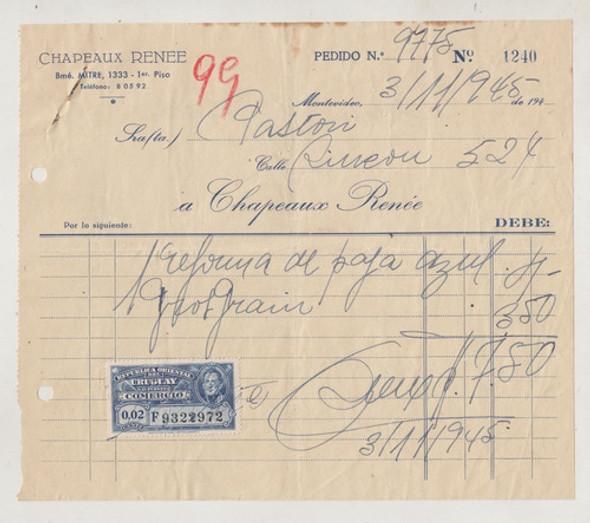 1945 Factura Sombrereria Chapeaux Renee De Ciudad Vieja 0