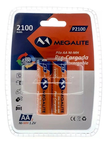 Pilas Recargable Aa 2100mah Megalite X 2 Unidades 0