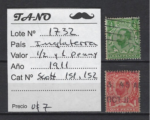 Lote1732 Inglaterra 1/2 Y 1 Penny Año 1911 Scott# 151, 152 1