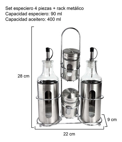 Set X4 Pz Especiero Vinagrero Aceitero Vidrio Acero Inox Bx3 1
