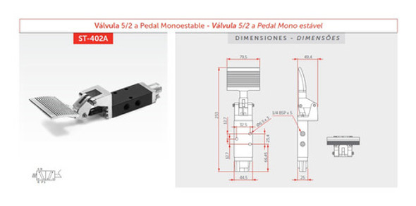 Valvula Neumática A Pedal 5/2 Rosca 1/4 Monoestable 5 Vias 1