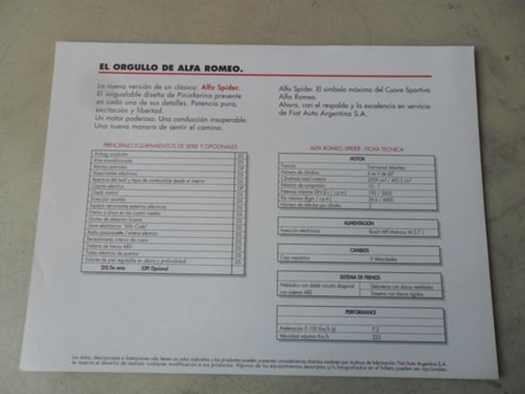 Catalogo Folleto Alfa Romeo Spider Antiguo No Manual Gtv 97 1