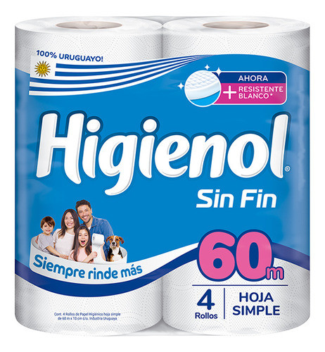 Papel Higiénico Sin Fin Hoja Simple Higienol 60 Mts Pack X4. 0