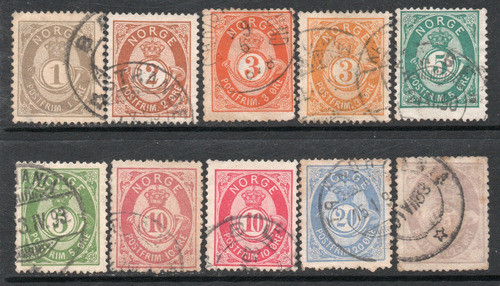 Noruega Serie X 10 Sellos Usados Cuerno Postal Años 1883-90 0