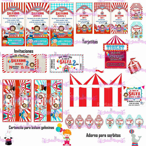 2 Kit Imprimibles Circo Vintage, Tarjetas,cumple, Candy Bar 1