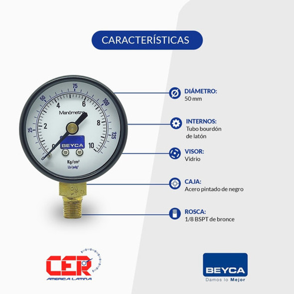 Manómetro Beyca Mm1-34/10 10 Kg 50mm Rosca 1/8 Inferior 1