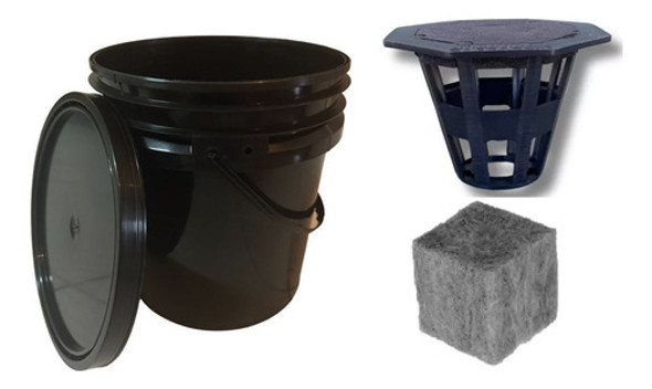 Balde Hidroponia 20 Litros Con Tapa Canasta Y Lana De Roca 0