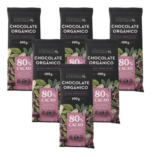Chocolate Organico Amargo Sin Tacc 80% Cacao Colonial X 6 0