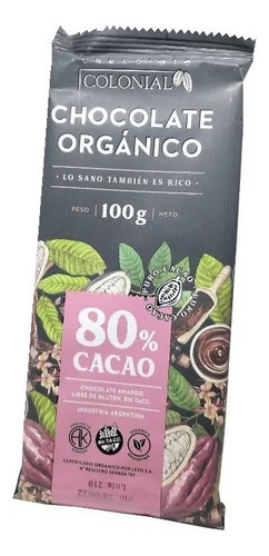 Chocolate Organico Amargo Sin Tacc 80% Cacao Colonial X 6 1