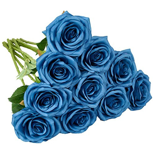 Rosas Artificiales De Seda 10u. Azul Acero 0