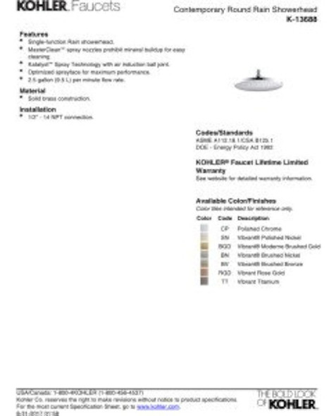 Kohler 13688-tt 2.5 Gpm Cabezal De Lluvia Redondo Contemporá 1