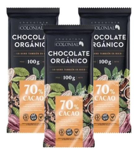 Chocolate Organico Amargo Sin Tacc 70% Cacao Colonial X 3 0