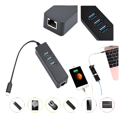 Thunderbolt Usb-c 3.1 Tipo C A 3.0 Hub 3 Puertos Rj45 Gigabi 0