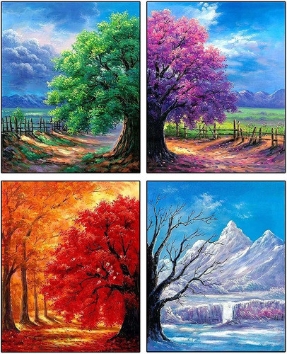 Kit Pintura Con Diamantes 4 Cuadros Estaciones Arbol 30x4... 0