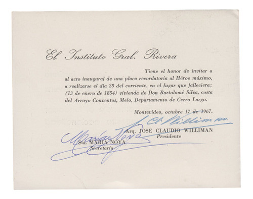 1967 Invitacion Homenaje A Fructuoso Rivera En Melo Firmada 1